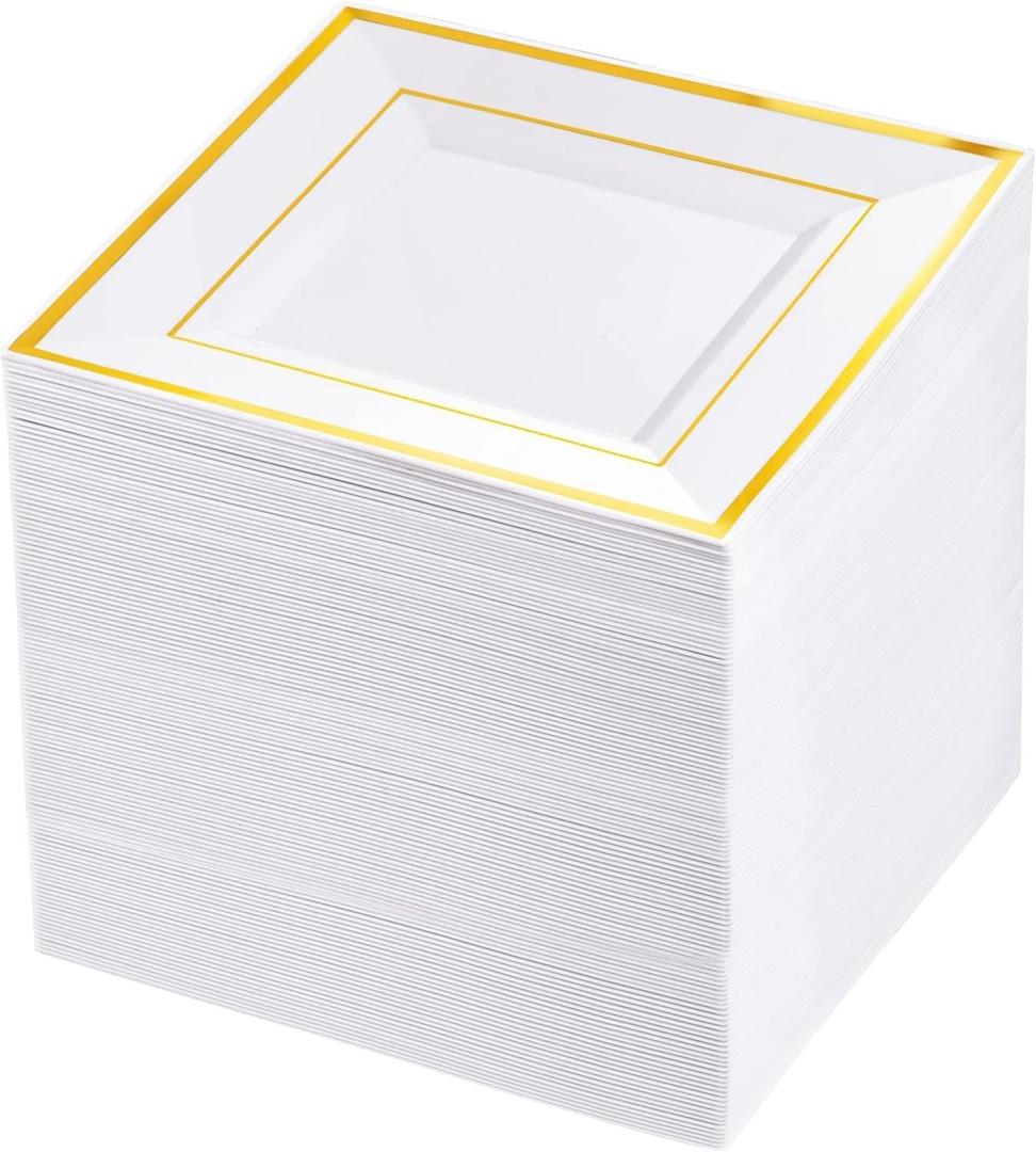 bUCLA 100PCS Gold Square Plastic Plates - 6inch Disposable Dessert/Cake Plates - Premium Hard Square Small Appetizer Plates for Wedding&Party