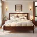 Merax Queen Size Solid Wood Platform Bed Frame, Upholstered Headboard & Classic Spindle & with Fabric Panel, No Box Spring Needed, 500 lbs Capacity Timeless Traditional for Bedroom, Brown