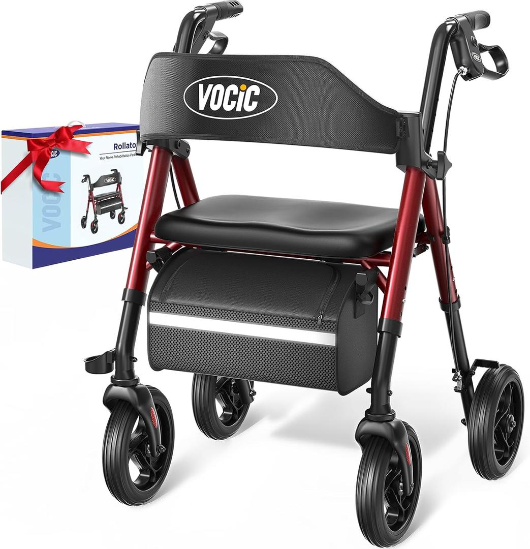 VOCIC Walkers for Seniors, Z21 Rollator Walker with Seat Supports 350lb, 8" Big Wheels for All Terrain, Ergonomic Arc Seat & 6" Ultra Backrest Foldable Walker, Dual Height Adjustment, Lightweight 2025 (Ruby Red)