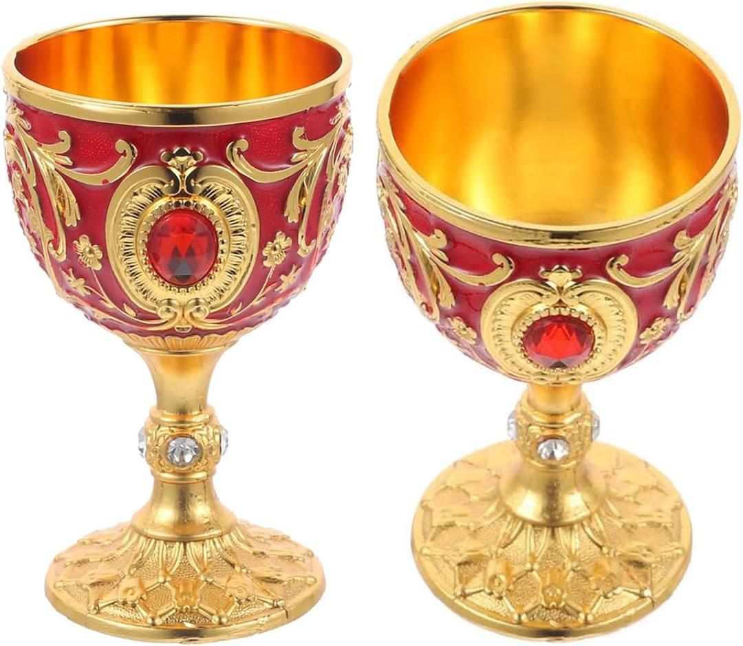 2PC Gold Red Chalice Goblet Delicate Retro Wine Cup Medieval Goblet Alloy Medieval Cup Communion Cups Drinking Cup Party Favors Home Decor