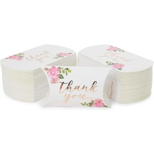Sparkle and Bash 100pcs Floral Pillow Boxes, 5" x 3.5" Thank You Treat Box for Wedding Party Favors, Candy, Small Gifts (['Rose Gold'])