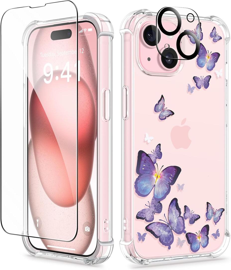 GVIEWIN for iPhone 15 Case, [3 in 1] with Screen Protector & Camera Lens Protector, Clear Soft Shockproof Slim Fit Floral Phone Cover for Women Girls 2023 6.1" (Alluring Butterfly/Purple)