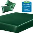 SiinvdaBZX 3-Piece Set Satin Twin Fitted Sheet & 2 Pillowcase, Emerald Green Silky Soft Fitted Bottom Sheet, Wrinkle Free, Fade Resistant, Deep Pocket Bed Sheet (Deep Up to 15")