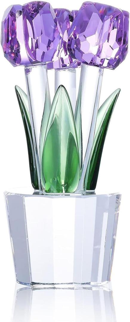 LB Tulips Glass Flowers Collectible Figurine Crystal Decor, Purple Flower Bouquet Glass Tulips Flowers with Stems,Tulip Flowers Home Decor Gift for Women Mother's Day Valentines Wedding Anniversary