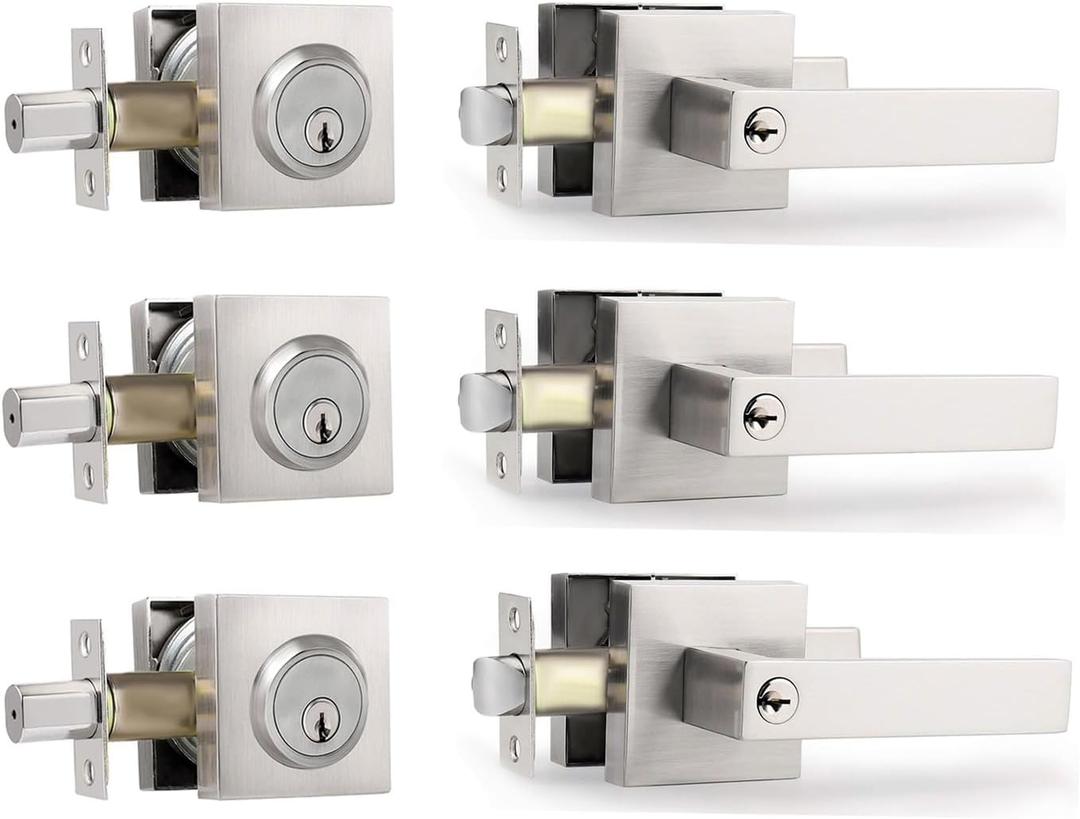 Exterior Door Lock Set with Deadbolt, Front Door Handle Set, Door Levers Single Cylinder Deadbolt Set, Keyed Alike Heavy Duty Keyed Entry Handles Locksets (Satin Nickel, 3Pack)
