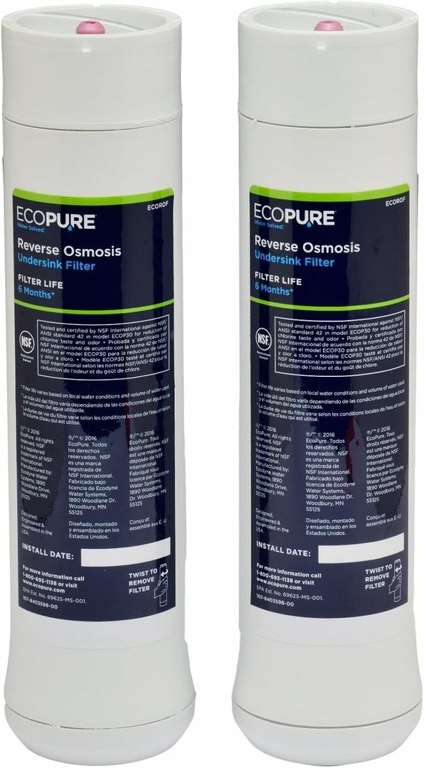 EcoPure ECOROF Reverse Osmosis Replacement Filter Set  Fits ECOP30 & Select Kenmore RO Systems  NSF-Certified  Reduces Lead, Chlorine, TDS & More  6-Month Life  Easy Filter Changes