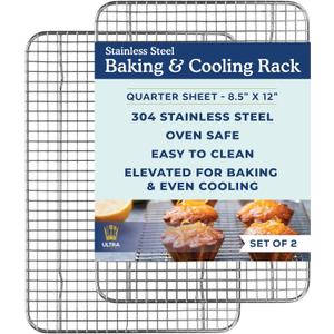 Oven-Safe, Dishwasher-Safe 100% Stainless Steel Cooling and Baking Rack Set - Tight-Wire Bake for Oven Cooking - Food-Safe, Heavy Duty - 8.5x12-inch - Set of 2 - Small Quarter Sheet Pan Cooling Racks (8.5" x 12" 2-Pack)