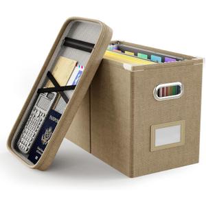 Oterri File Organizer Box with Lid, Hanging Filing File Box with Mesh Pocket, Document Organizer Box for Letter Files, Portable Storage Box with Smooth Sliding Rail for Office&Home(1 PCS, Khaki)