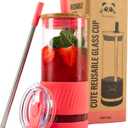 Pandaloo Glass Cups With Lids and Straws -20 Fl Oz- Perfect Size Iced Coffee Cup - Smoothie Cup With Bamboo Lid and On the go Lid - Glass Tumbler With Straw (1 Count (Pack of 1), Coral)