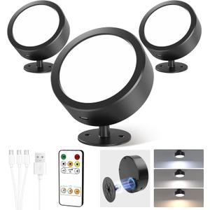 EZVALO LED Wall Mounted Lights, 5500mAh Rechargeable Wall Sconces Lamp, 3 Color Temps & Remote and Touch Control, 360Rotation Dimmable Cordless Wall Light for Bedroom Reading Study Bedside (3 Pack) (Black)