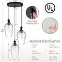 3-Light Pendant Lighting, Black Dining Room Chandelier Light Fixture Over Table with Hammered Glass, Modern Cluster Hanging Lights for Kitchen Island Sink, E26
