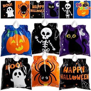 JOYIN 60 Pcs Halloween Drawstring Candy Bags, Small Trick or Treat Goodie Bags Bulk, 6 Designs Halloween Plastic Gift Bag for Kids Trick or Treating, Boys Girls Party Favors Supplies, Classroom Gifts