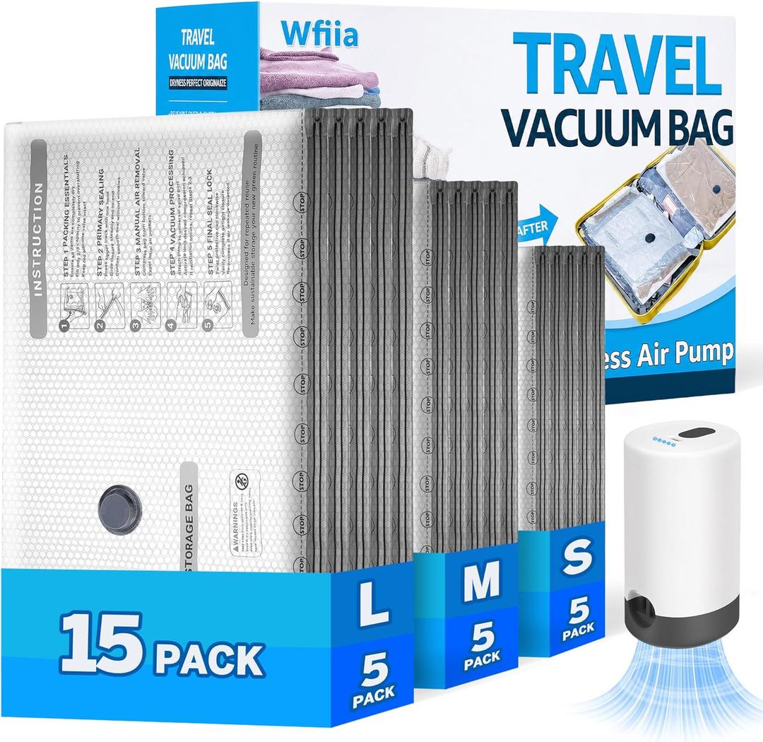 Rechargeable Pump Vacuum Bags for Travel Packing,15 Packs Large Size Vacuum Seal Bags for Luggage and Suitcase Compression, Space Saver for Bedding and Clothing Organization