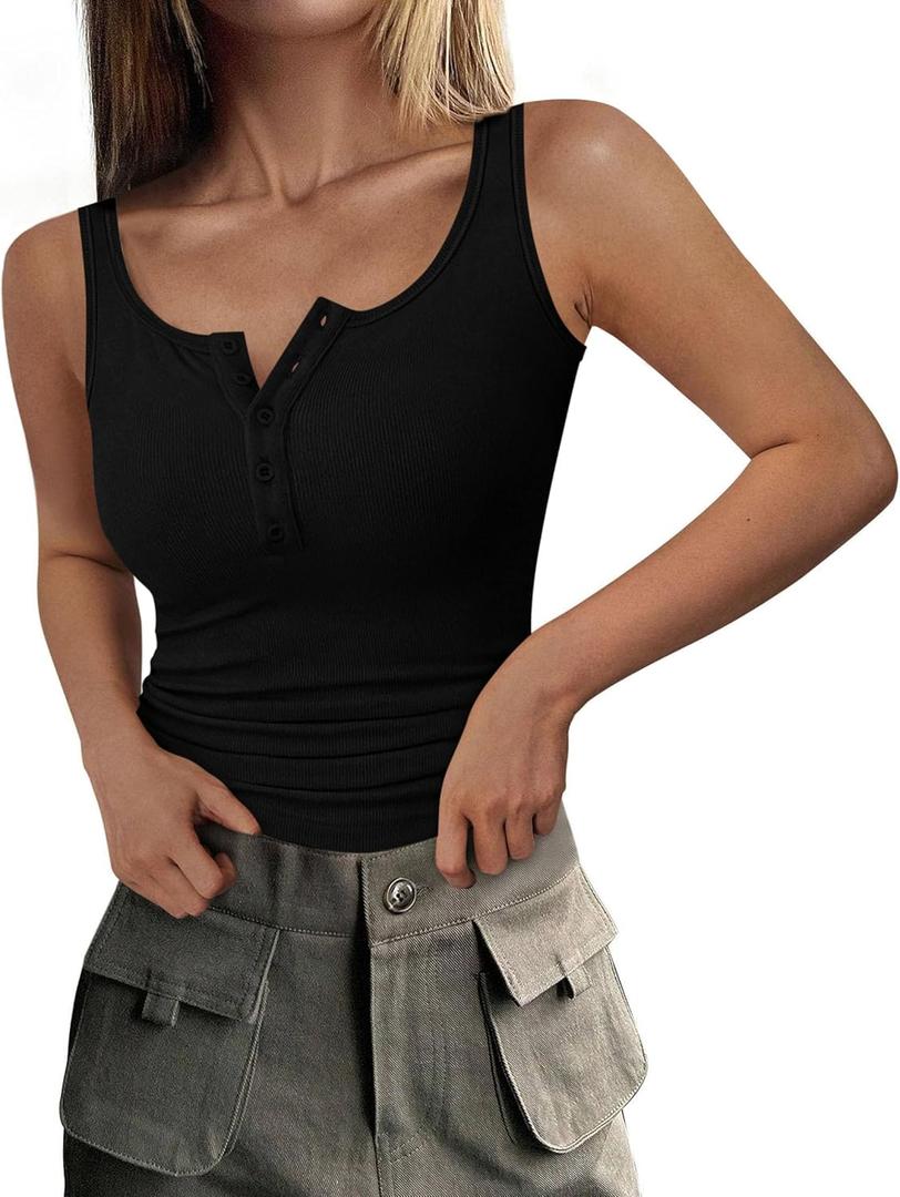 PRETTYGARDEN Womens 2026 Summer Tank Tops Ribbed Knit Slim Fit Sleeveless Henley Shirts Casual Basic Button Up Blouse (Large, Black)