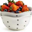 Gomakren Ceramic Berry Basket Set of 2, Elegant Fruit Basket Container 6 Inch, Fruit Bowl with Holes for Kitchen Counter, Berries, Strawberry, Grape, Cherry, Floral Shape - White
