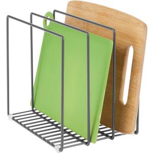 mDesign Steel Storage Tray Organizer Rack for Kitchen Cabinet - Divided Holder with 3 Slots for Skillets, Frying Pan, Pot Lids, Cutting Board, Baking Sheets - Concerto Collection - Graphite Gray