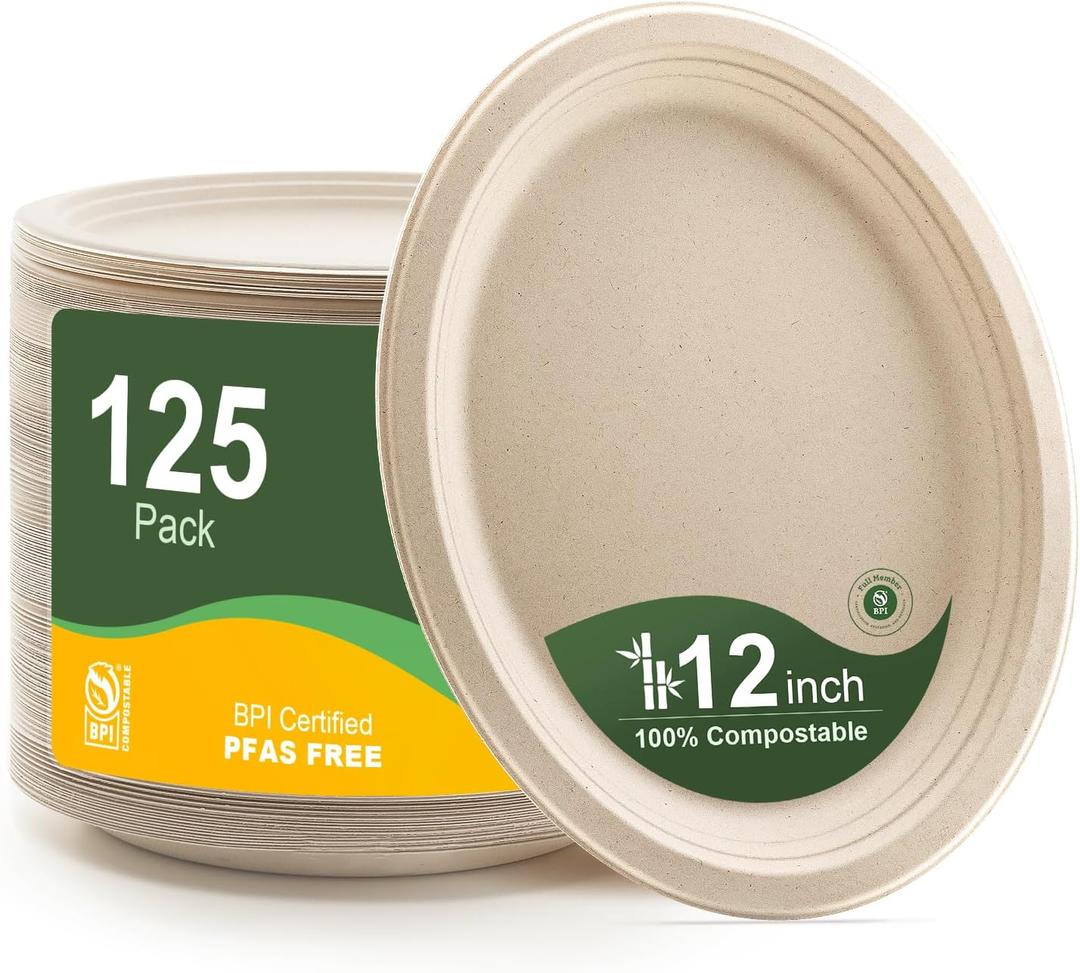 100% Compostable Oval Paper Plates 12 Inch, 125-Pack Large Heavy Duty Paper Plates Bulk,Biodegradable Bagasse,Eco-Friendly Disposable Dinner Plate for BBQ,Picnic,Party (BPI Certified,Microwaveable) (Natural)
