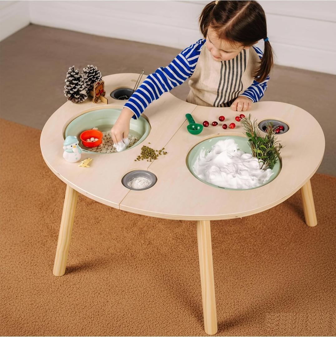 ComfyBumpy Montessori Sensory Table for Toddlers Multi-Play Wooden Activity Table with 5 Bins & Lids for Sand, Water & Toys | Easy-to-Clean Premium Wood with Angled Legs for Sturdiness