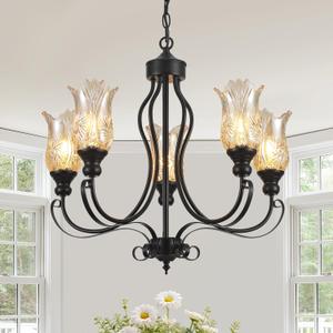 5-Light Modern Farmhouse Chandeliers for Dinning Room, Vintage Black Kitchen Chandeliers Over Table, Industrial Hanging Light Fixture for Entryway Living Room Bedroom, Amber Glass Shade