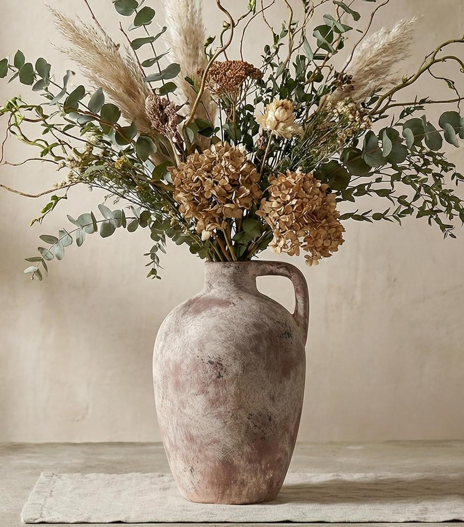 Ceramic Flower Vase with Handles,10" Neutral Tall Clay Terracotta Vases Farmhouse Table Vases with Handle Living Room Decor Rustic Pottery Pots for Home Shelf Coffee Dining Desk Fireplace