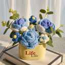 Knitting Crochet Flowers Potted Plants, Fake Sunflower and Knitted Puff Flowers for Friends, Family and Lover, Artificial Handmade Flowers for Birthday Wedding Gift and Home Decor (Blue Roses)