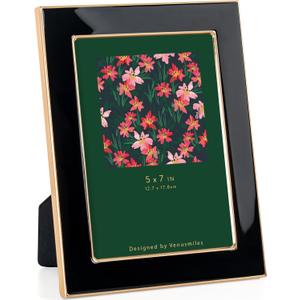 5x7 Enamel Picture Frame, Gold Metal Edge with Easel, Real Glass Photo Frame for Wall and Tabletop Display Family Office Photo Gallery, Black Enamel/1pc
