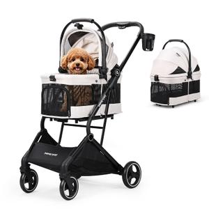 T3 Foldable Pet Stroller for Small Dogs & Cats, 3-in-1 Lightweight Dpg Stroller with Detachable Carrier (Beige)