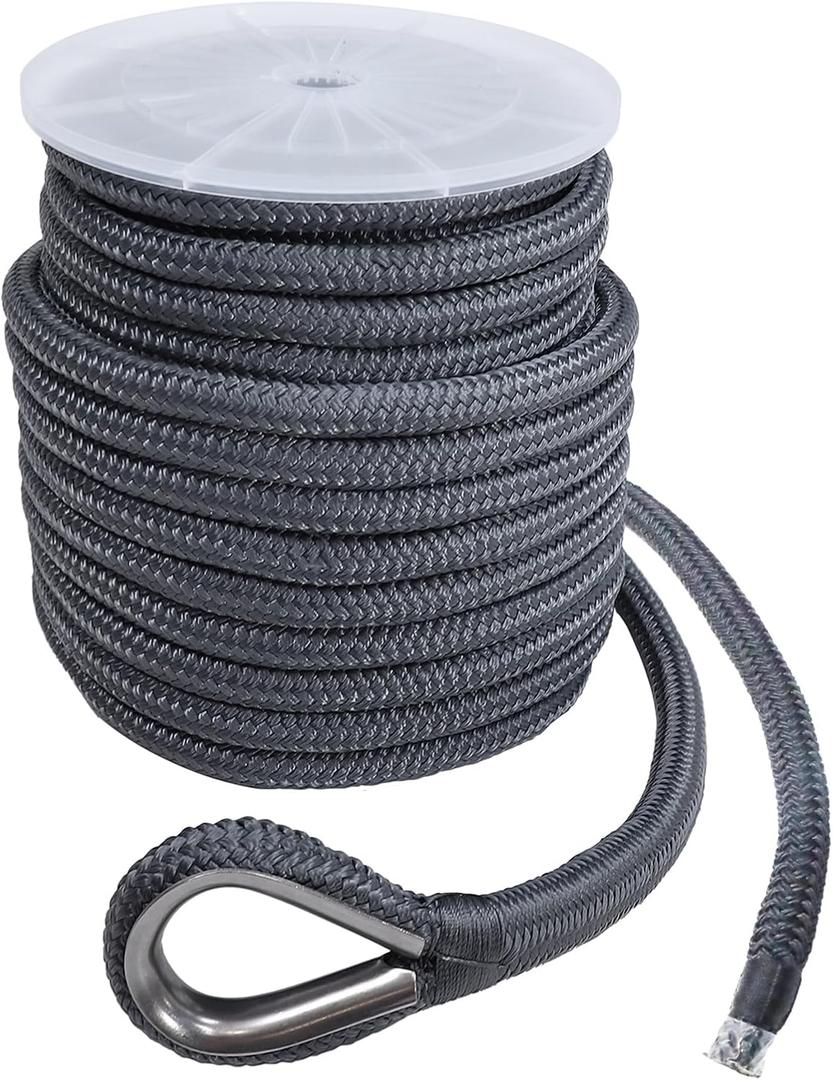 NovelBee 1 Inch x 150 Feet Boat Anchor Rope,Double Braid Nylon Anchor Line with Stainless Steel Thimble,Heavy Duty Mooring Rope for Anchor and Boat (Grey)