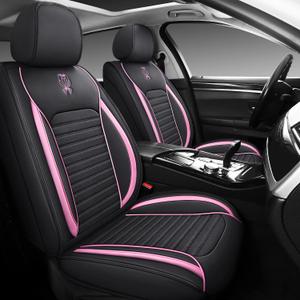 LK Full Set Car Seat Covers for Front Seats and Rear Seats, Luxury PU Leather Car Seat Pads Protectors Waterproof for Most Sedan SUV (Black&PINK02)