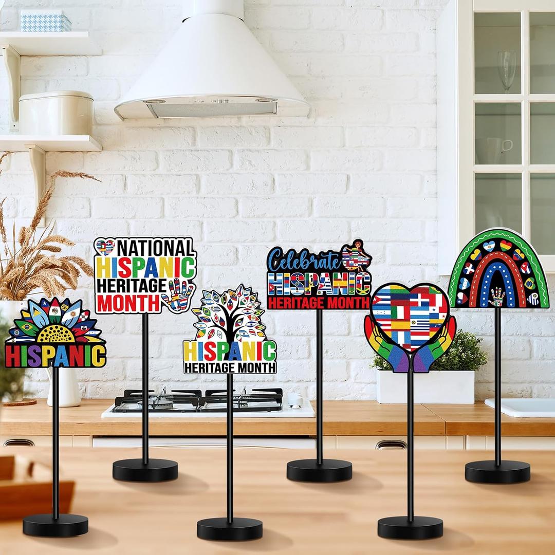 6 Pcs Hispanic Heritage Month Party Table Decorations Wooden Spanish Latino Heritage Month Tall Standing Centerpiece Detachable Table Topper Sign for Spain Home Decor National Party Supplies