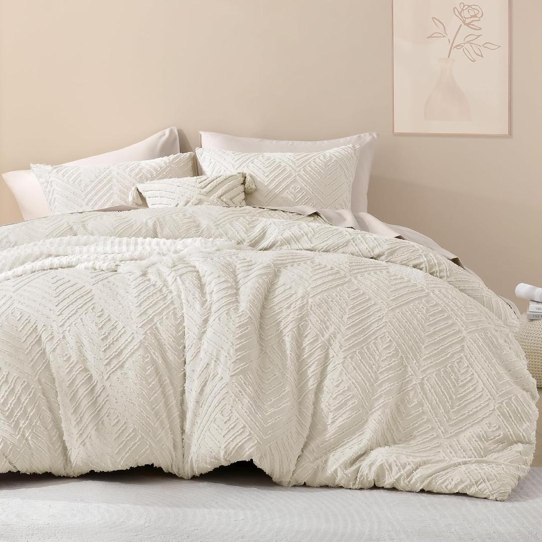 Litanika King Size Comforter Set Beige, 3 Pieces Cream Tufted Boho Farmhouse Bedding Comforter Sets, Lightweight Fluffy Comforter Bed Set for All Season (104x90In Comforter and 2 Pillowcases) (King (104"x90"), 01 - Beige)