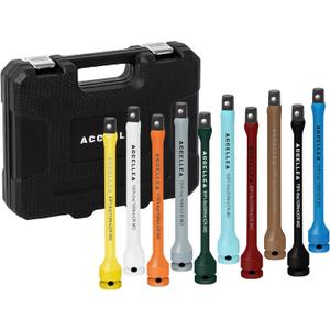 10-Piece Torque Limiting Extension Bar Set, 1/2" Drive, 8" Long, 65-150 Ft-lbs, CR-MO, SAE Standard, Color-Coded Impact Socket Extension Bar Set with Storage Case, for Tire Repair & Drills