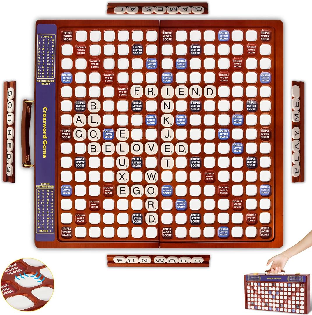 Crossword Game with Rotating Wooden Board, Foldable Board into Portable Carry Case, Luxury Edition Word Building Game with 100 Letter Tiles, Educational Family Board Game for 2-4 Players