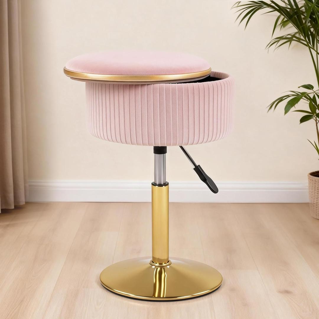 Adjustable Vanity Stool with Storage, 360 Swivel Gold Chair, Velvet Small Round Ottoman Footrest for Bathroom, Makeup Room, Pink