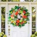 Spring Wreaths for Front Door Outside 24 Inch Luxury Summer Wreath with White Rose Flowers,Pink Dahlia & Green Hydrangeas,Lush Greenery Spring Front Door Wreath for Home,Wall,Porch Decor