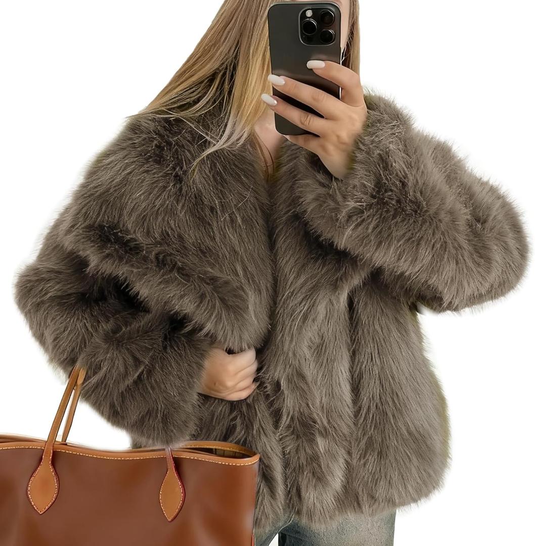 Flygo Women's Faux Fur Coat Fluffy Faux Fur Jacket Long Sleeve Lapel Furry Winter Jackets Shaggy Parka Short Coat (Medium, Light Brown)