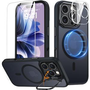 Magnetic & Stand for iPhone 16 Pro Max Case with 9H Screen & Lens Protector[Fit for Magsafe][Metal Kickstand][Colorful Frame] Translucent Matte Back Skin-Touch Phone Case for iPhone 16 Pro Max
