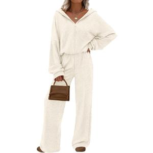 PRETTYGARDEN Women's 2 Piece Fall Lounge Sets 2026 Zip Up Hoodie Wide Leg Tracksuit Spring Matching Travel Outfits Clothes, White, Medium
