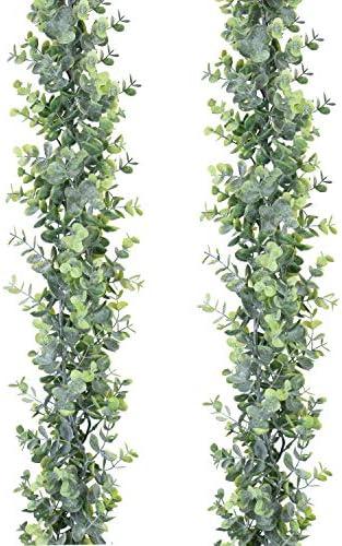 DearHouse Faux Eucalyptus Garland Plant, 2 Pack Artificial Vines Hanging Eucalyptus Leaves Greenery Garland for Wedding Backdrop Arch Wall Decor, 6 Feet/pcs UV Protected Indoor Outdoor