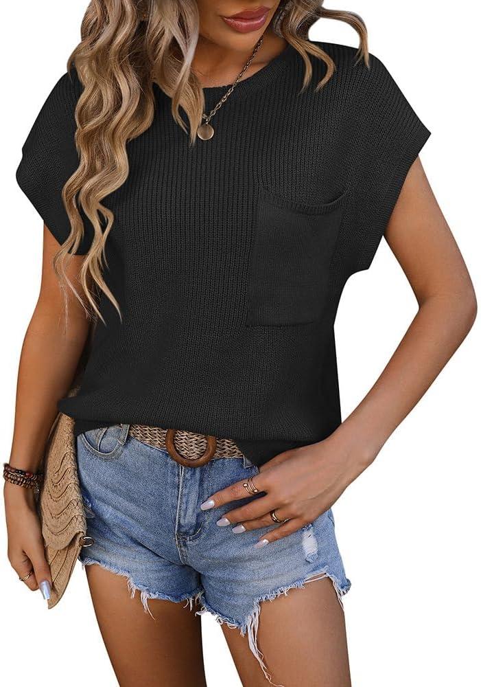 Casual Short Sleeve Tops for Women 2026 Spring Summer Trendy Ribbed Knit Sweater Vest Vacation Outfits with Pockets L
