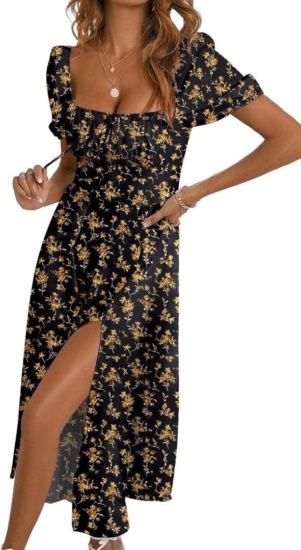 BLENCOT Womens Casual Summer Square Neck Short Sleeve Split Thigh Cotton Dress Boho Floral Print Tie Front Midi Dresses (Small, Black)