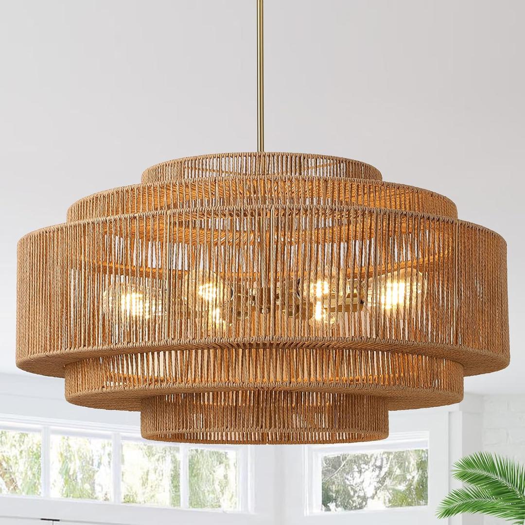 31.5" Large Boho Chandelier, 8-Light Hand-Woven Coastal Rattan Chandelier, Farmhouse Vintage Light Fixture,5-Tier Drum Wicker Gold Chandeliers for Dining Room, Kitchen, Living Room, Foyer