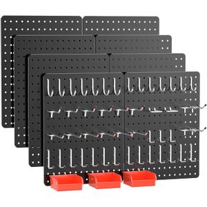 Peg Board, 114PCS Heavy Duty Metal Pegboard with Hooks, 8 Pack Black Peg Board Panels, 60lbs Load Capacity Each, Pegboard Wall Organizer for Garage, Workshop, Kitchen, Craft Rooms