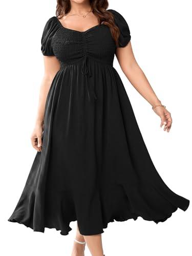 SCOMCHIC Womens Plus Size Summer Maxi Dress Ruched Front Square Neck Smocked Flowy A Line Formal Wedding Guest Dresses Black. 2XL