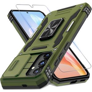 DEERLAMN Case for Samsung Galaxy S25+ Plus 6.7-Inch with Slide Camera Cover+Screen Protector(1 Pack), Rotated Ring Kickstand Military Grade Shockproof Protective Cover-Olive Green | 6.7-Inch, Slide Camera Cover, Screen Protector, 1 Pack, Military Grade