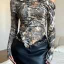 SOLY HUX Women's Y2k Camo T Shirt Off The Shoulder Long Sleeve Ruched Tee Asymmetrical Hem Tops Multicoloured Maple Leaf Small (S)