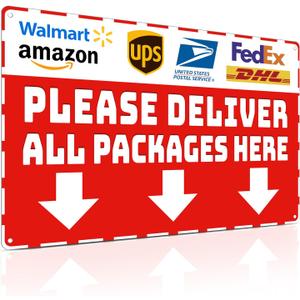 Piemow Package Delivery Metal Sign, Please Deliver All Packages Here, Waterproof & Rustproof Red Aluminum Delivery Instructions for Box House Yard Front Door Outdoor Home Use 812 Inch