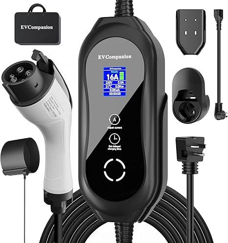 Level 1 & Level 2 EV Charger - 16A Adjustable Current, Delay Charging | 110V-240V, 21FT Cable | Compatible with All SAE J1772 EVs/PHEVs | NEMA 6-20 Plug & 5-15 Adapter
