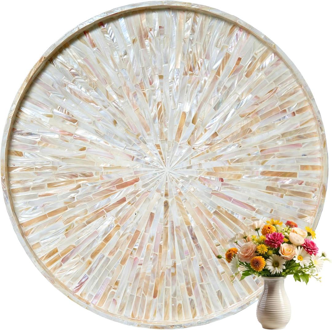 22" Extra Large Round Mother of Pearl Ottoman Tray with Raised Edge – Handcrafted Capiz Shell Serving Tray for Coffee Table, Charcuterie & Breakfast in Bed, Coastal Farmhouse Gift