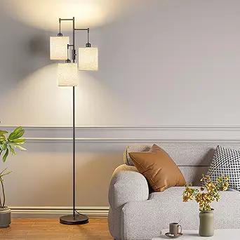 SIBRILLE Dimmable Floor Lamp, Tall Standing Lamp with Linen Shade, Industrial Tree Floor Lamps for Living Room Bedroom Office, 3 x 1000LM LED Bulbs Included